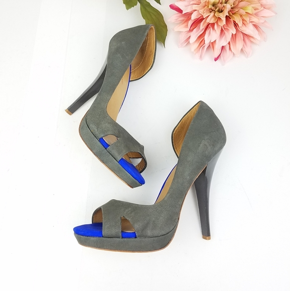 L.A.M.B. open-toe gray and blue suede heels sz 10 - Picture 2 of 8